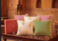 Handloom Cotton Cushion Covers Pair — heavy canvas slub weave, natural ecru and terracotta, wooden toggle buttons, Solapur Central Handloom Society, Maharashtra